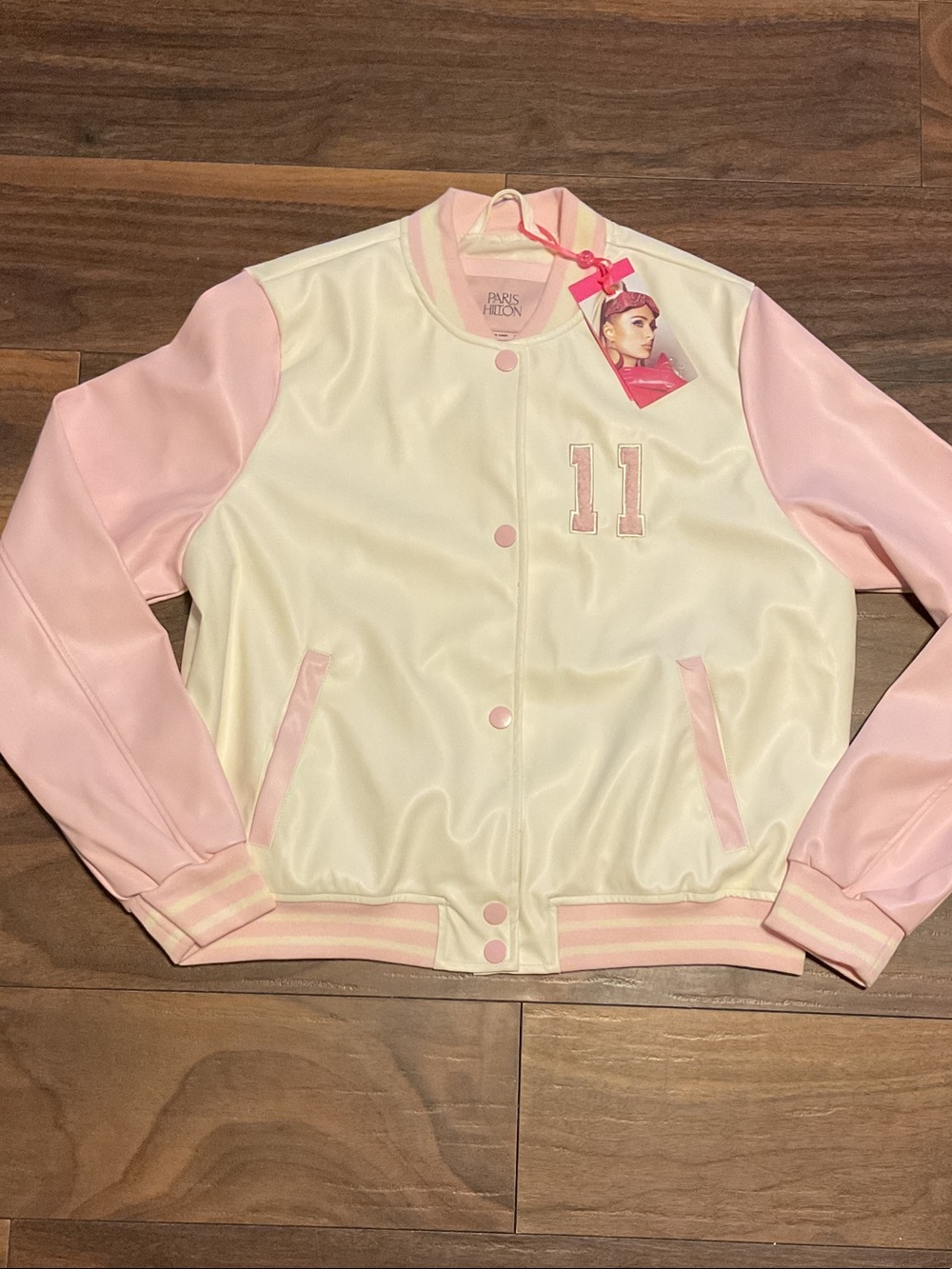 Paris Hilton Kids Pink & Cream Varsity Jacket with '11' Patch